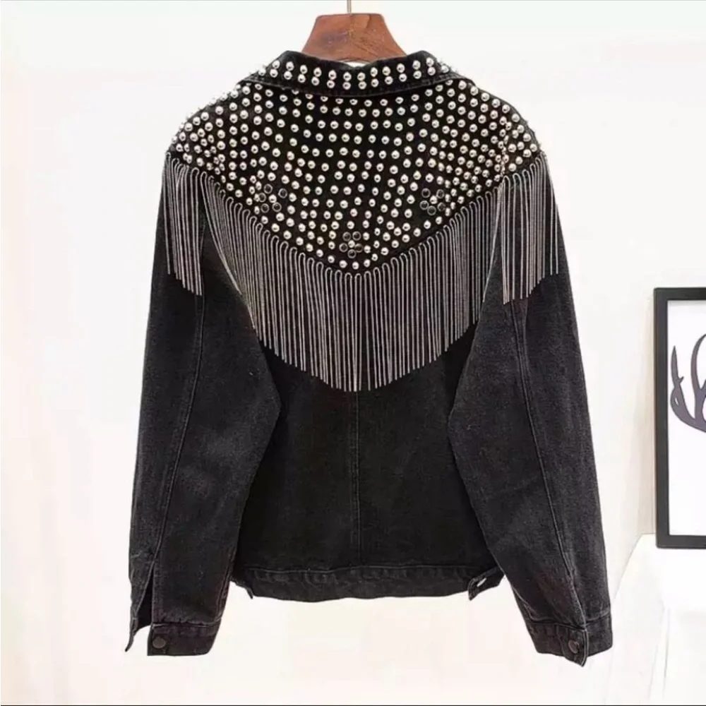 Blue Oversized Studded Chain Fringe Denim Jacket - Picture 6 of 6